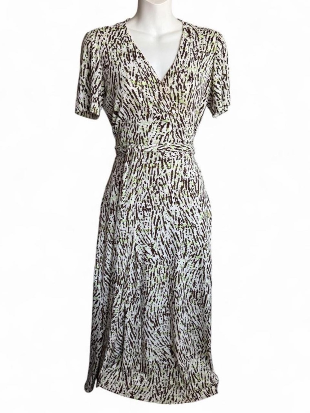 Dana Buchman White Midi Dress with Brown and Light Green Abstract Print